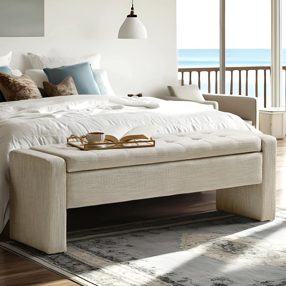 Soft Close Hinge - Modern Upholstered Storage Bench with Tufted